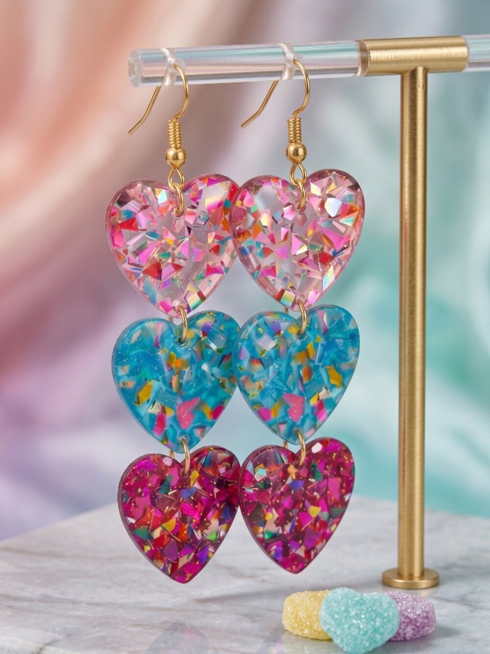Triple Heart Confetti Glitter Resin Earrings Pink Teal Dopamine Dressing 3.8"